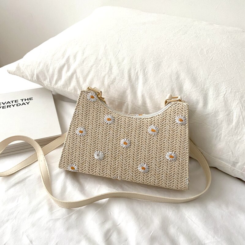 

Flower Embroidery Straw Crossbody Bag, Beige