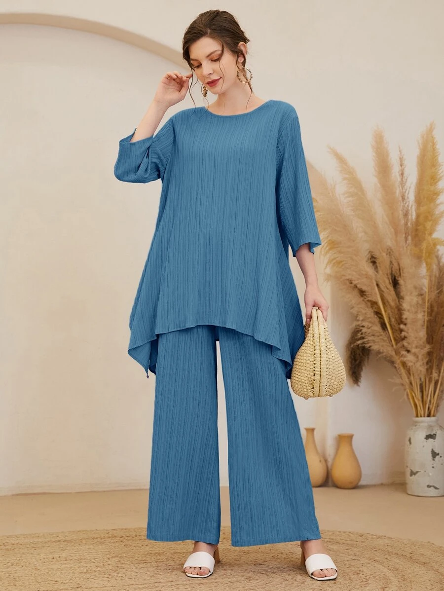 Seusyu Asymmetrical Hem Solid Top & Trousers Set - Dusty Blue - View 1