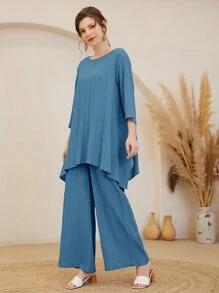 Seusyu Asymmetrical Hem Solid Top & Trousers Set - Dusty Blue - View 3