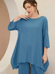 Seusyu Asymmetrical Hem Solid Top & Trousers Set - Dusty Blue - View 4