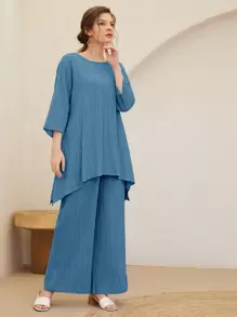 Seusyu Asymmetrical Hem Solid Top & Trousers Set - Dusty Blue - View 5
