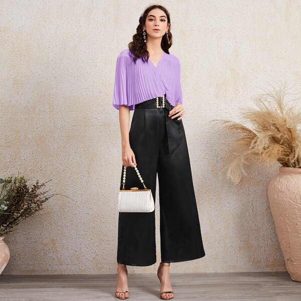 

Colorblock Pleated Pearls Buckle Belted Jumpsuit, Multicolor