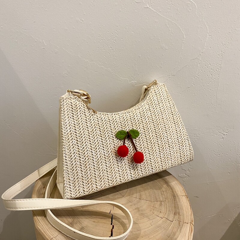 

Cherry Straw Crossbody Bag, Beige