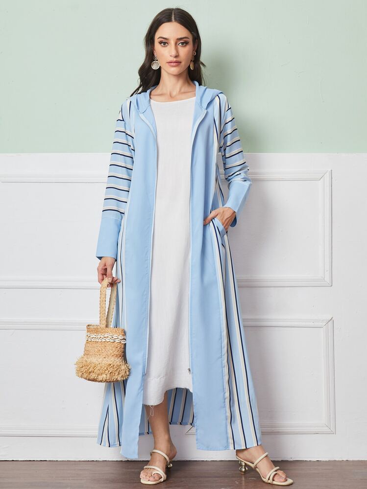SHEIN Najma Striped Zip Up Hooded Abaya - Blue - View 1