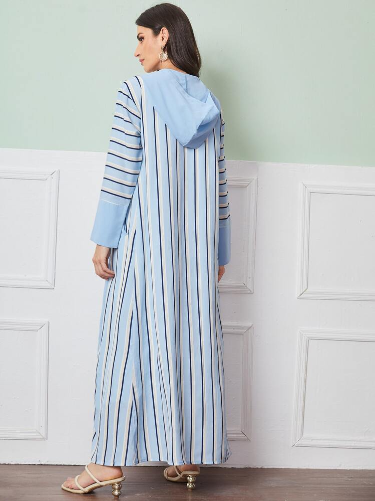 SHEIN Najma Striped Zip Up Hooded Abaya - Blue - View 2