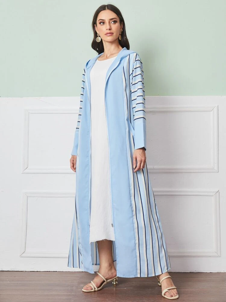 SHEIN Najma Striped Zip Up Hooded Abaya - Blue - View 3