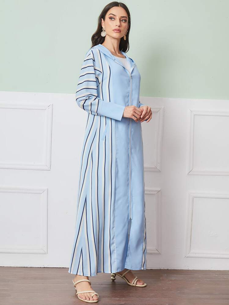 SHEIN Najma Striped Zip Up Hooded Abaya - Blue - View 4