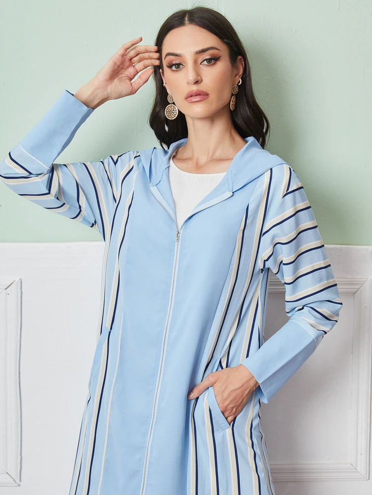 SHEIN Najma Striped Zip Up Hooded Abaya - Blue - View 5