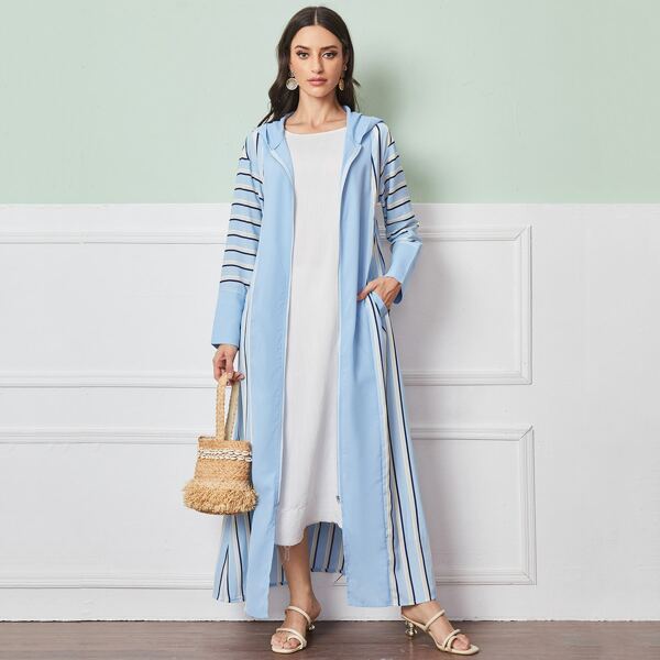 

Striped Zip Up Hooded Abaya, Blue