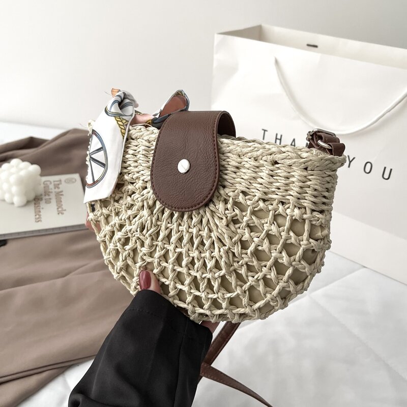 

Bow Decor Straw Crossbody Bag, Beige