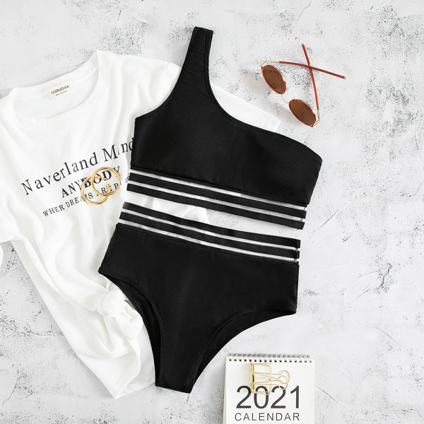 

Contrast Mesh One Shoulder Bikini Swimsuit, Black