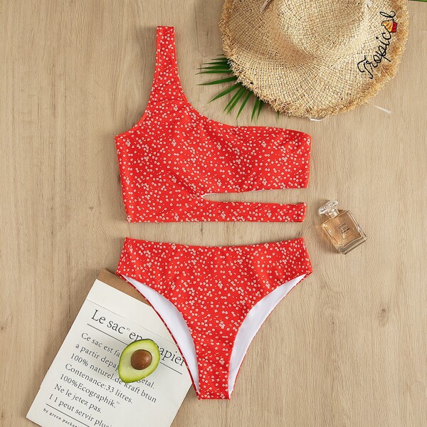

Ditsy Floral Cut Out One Shoulder Bikini Swimsuit, Red and white
