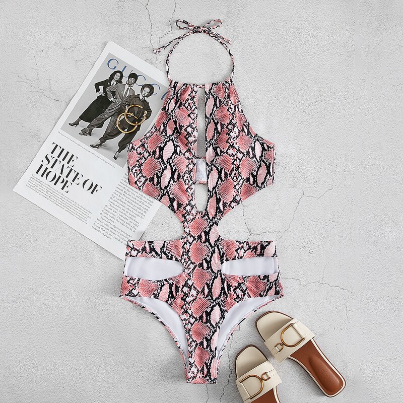 

Snakeskin Print Cut Out One Piece Swimsuit, Multicolor