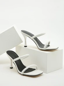 Thin Strap Stiletto Heeled Mules - White - View 2