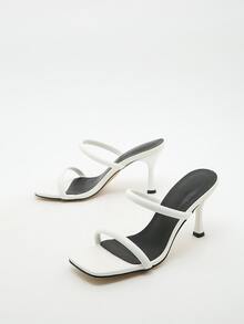 Thin Strap Stiletto Heeled Mules - White - View 6