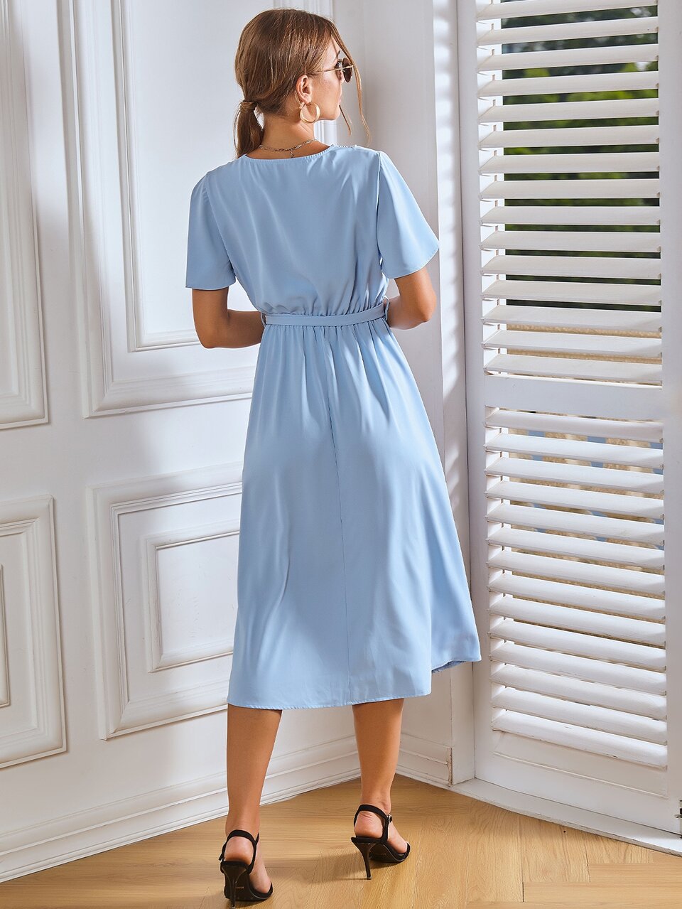 Guipure Lace Trim Self Belted Dress