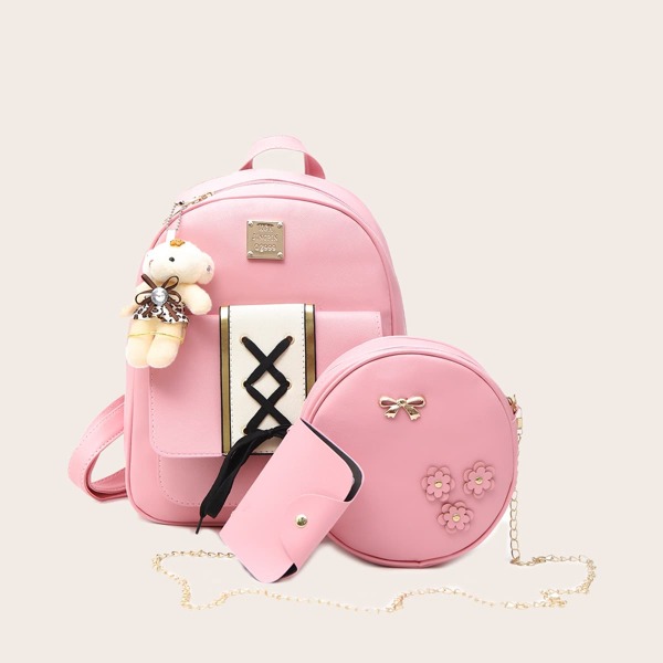 

3pcs Girls Lace Up Decor Curved Top Backpack Set, Baby pink