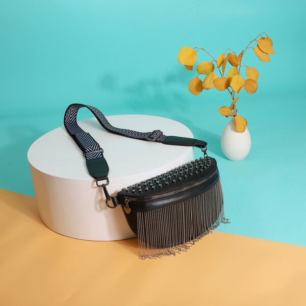 

Fringe & Studded Decor Crossbody Bag, Black