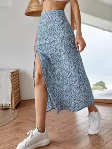 SHEIN VCAY Ditsy Floral Split Thigh Skirt - Blue - View 1