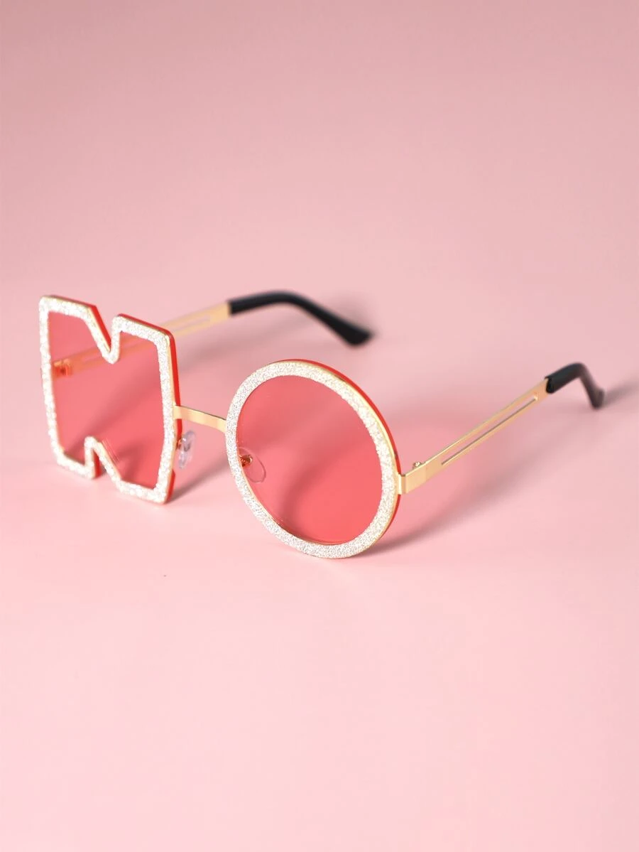 Tinted Lens Letter Shaped Frame Fashion Glasses - Pink - View 1