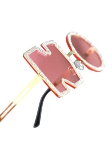 Tinted Lens Letter Shaped Frame Fashion Glasses - Pink - View 3