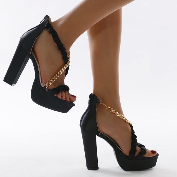 

Chain Decor Ruched Design Strappy Sandals, Black