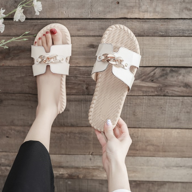 

Chain Decor Slide Sandals, Beige
