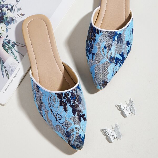 

Point Toe Floral Graphic Flat Mules, Blue