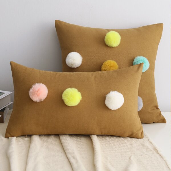 

1pc Pom Pom Decor Cushion Cover Without Filler, Brown