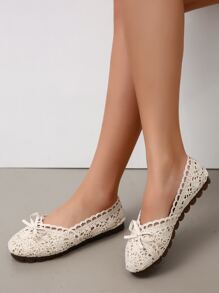蝴蝶結裝飾蕾絲面芭蕾平底鞋 - 米色 - 查看 1