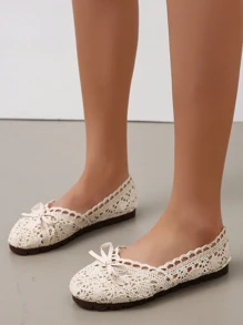 蝴蝶結裝飾蕾絲面芭蕾平底鞋 - 米色 - 查看 2