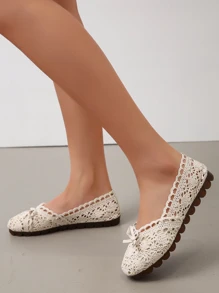 蝴蝶結裝飾蕾絲面芭蕾平底鞋 - 米色 - 查看 3