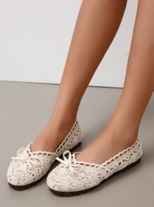 蝴蝶結裝飾蕾絲面芭蕾平底鞋 - 米色 - 查看 4