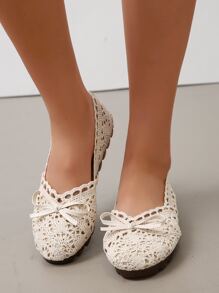 蝴蝶結裝飾蕾絲面芭蕾平底鞋 - 米色 - 查看 5
