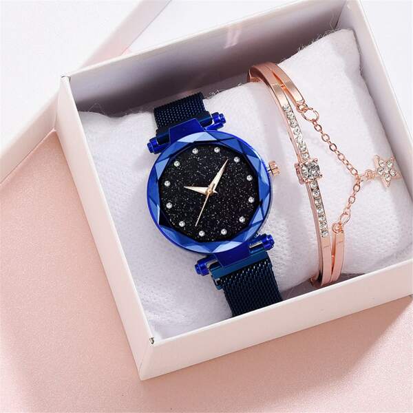 

1pc Starry Sky Dial Mesh Strap Watch & 1pc Bracelet
