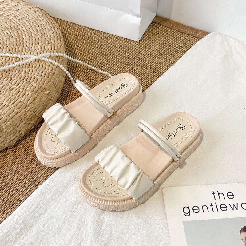 

Ruched Slide Sandals, Beige