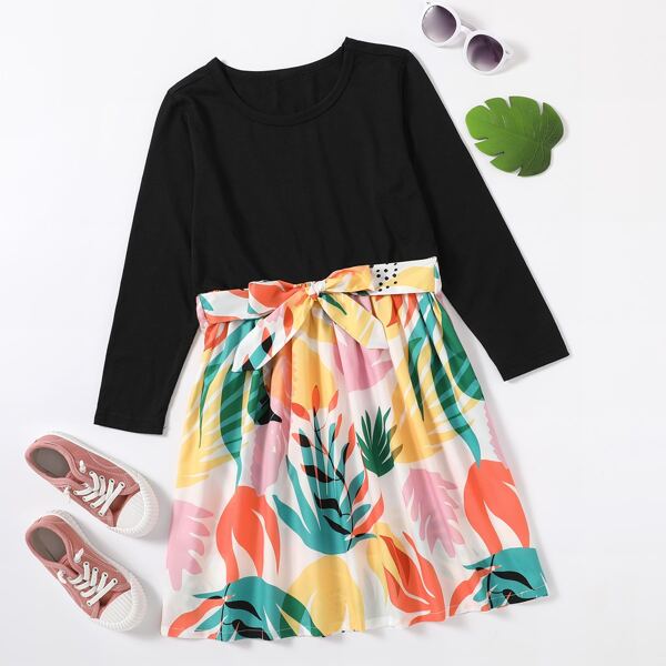 

Girls Tropical Print Belted Babydoll Dress, Multicolor