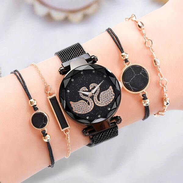 

1pc Swan Pattern Quartz Watch & 4pcs Bracelet