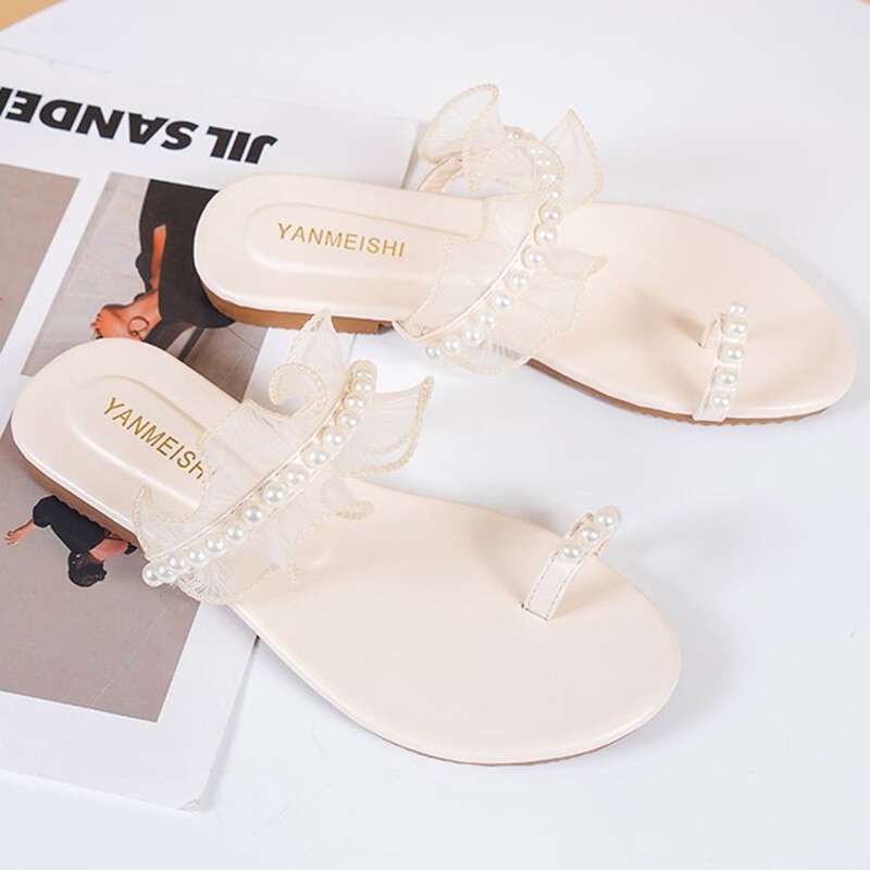 

Faux Pearl & Lace Decor Thong Sandals, Beige