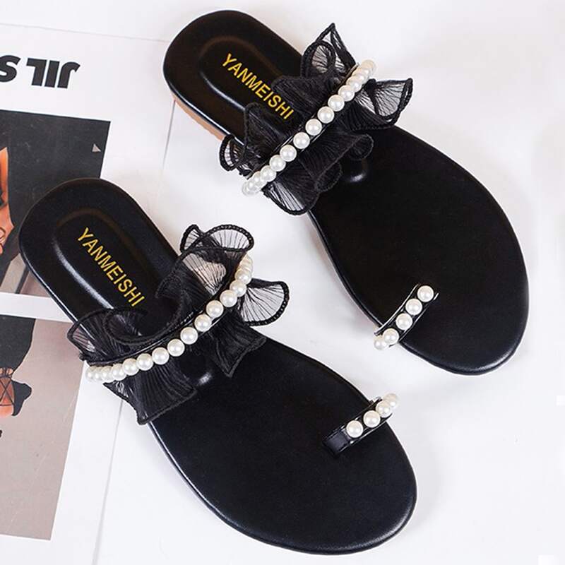 

Faux Pearl & Lace Decor Thong Sandals, Black