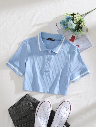 Lunelith SHEIN Lunessa Camisetas Canalé Botón delantero A rayas Casual