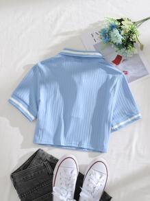 SHEIN Unity Camisetas Canalé Botón delantero A rayas Casual - Celeste - Ver 2