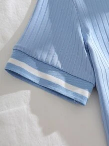 SHEIN Unity Camisetas Canalé Botón delantero A rayas Casual - Celeste - Ver 3