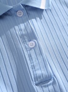 SHEIN Unity Camisetas Canalé Botón delantero A rayas Casual - Celeste - Ver 4