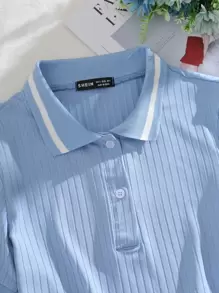 SHEIN Unity Camisetas Canalé Botón delantero A rayas Casual - Celeste - Ver 5