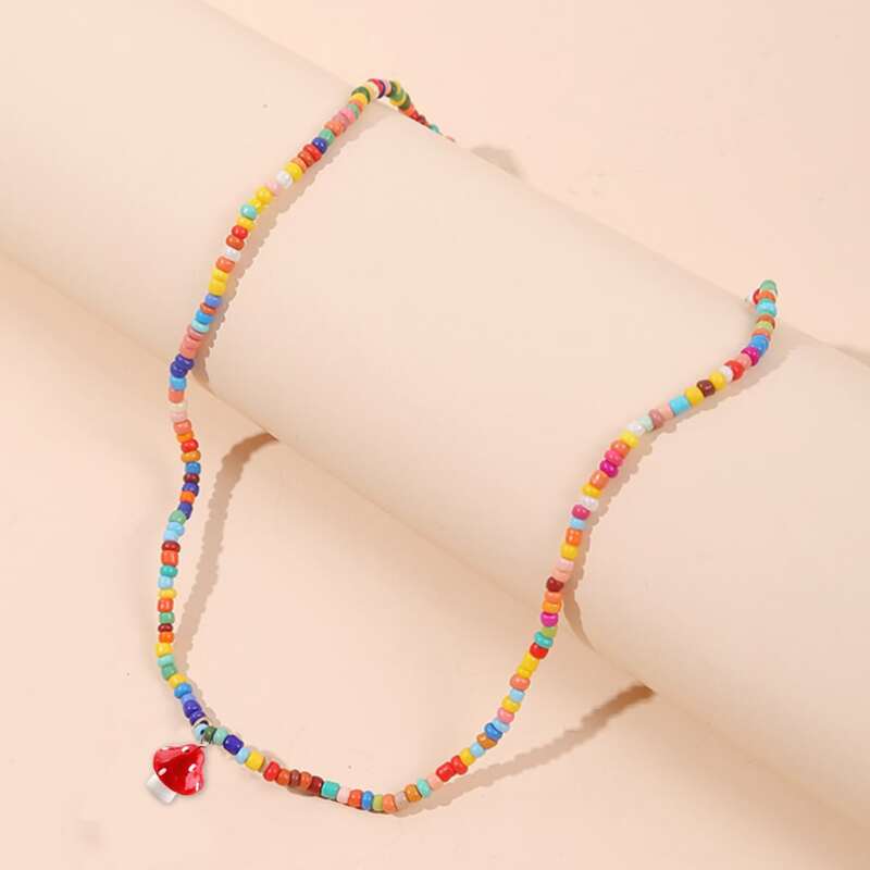 

Mushroom Pendant Beaded Necklace, Red