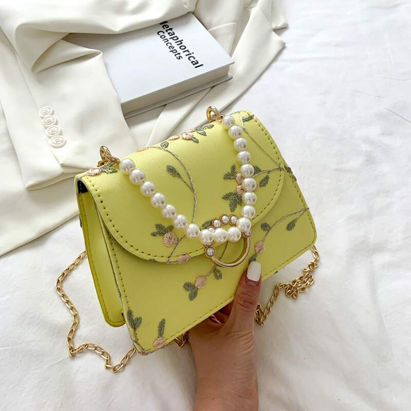 

Faux Pearl Beaded Satchel Bag, Yellow