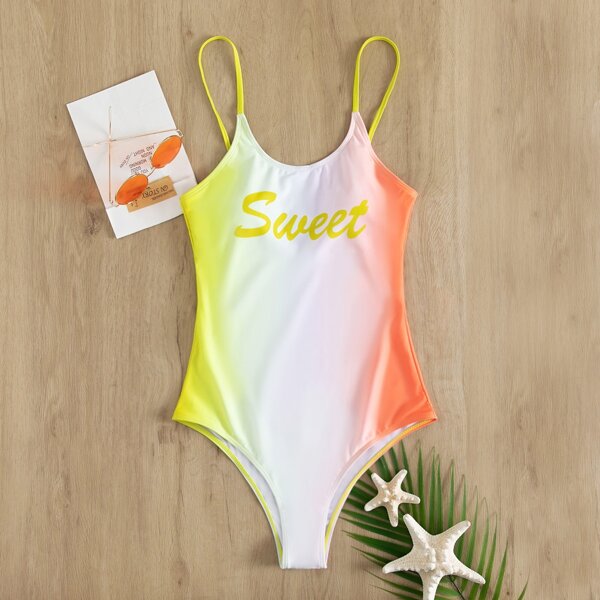 

Ombre Letter Graphic One Piece Swimsuit, Multicolor