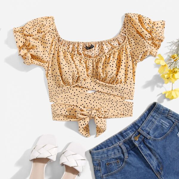 

Puff Sleeve Ruched Bust Knot Ditsy Floral Crop Top, Ginger