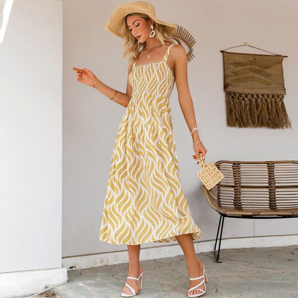 

Allover Print Shirred Cami Dress, Yellow